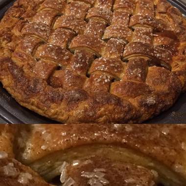 Lattice Apple Pie with a close-up of the layers in the crust.