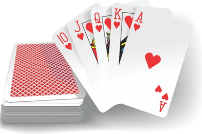 A deck of cards, holding up a Royal Flush of Hearts