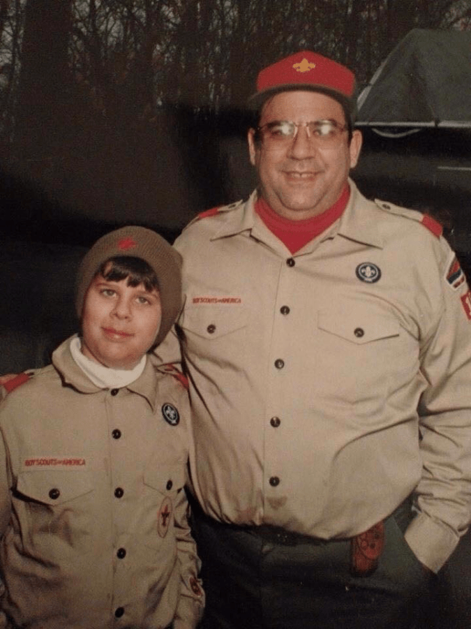 The Black Hat Baker at 12 years old with his father on a Scout camping trip.