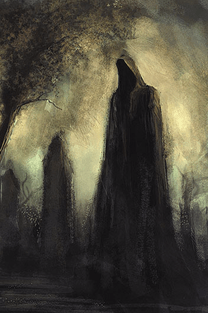 An impressionist-style illustration of a tall, hooded figure by a gravestone.