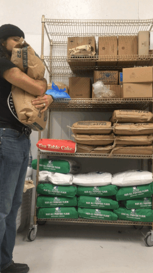 The author demonstrating a lunge with a sack of flour