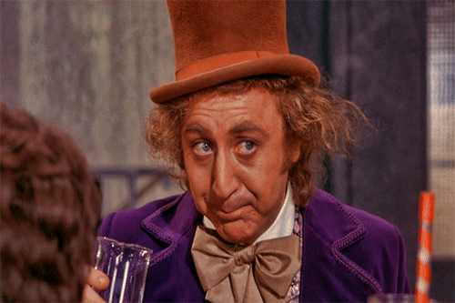 Willy Wonka from Charlie and the Chocolate Factory puckering his lips pensively.