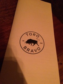 The menu at Toro Bravo