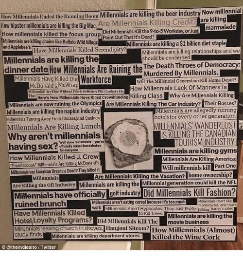 Collage of headlines implying millennials killed something.