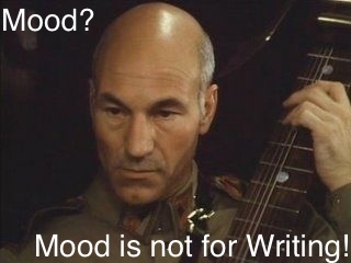 Patrick Stewart as Gurney Halleck in “Dune.” Caption: “Mood? Mood is not for writing!”
