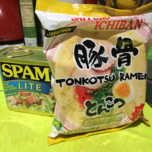 A close-up of Tonkatsu Ramen and Spam Lite