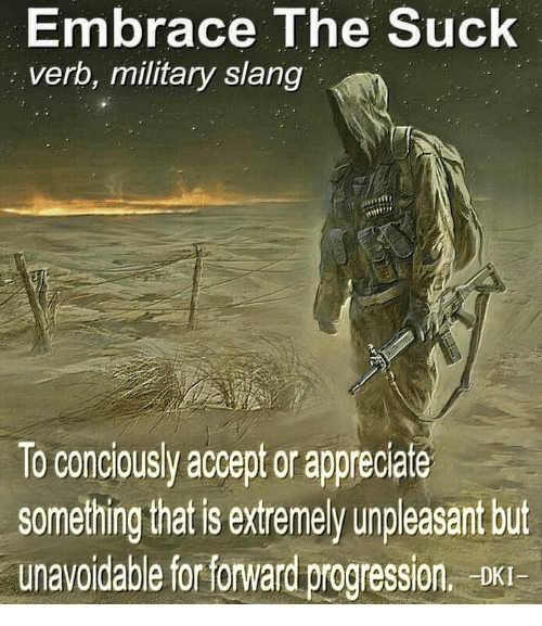 Image of a solider with the caption "Embrace the Suck, verb, military slang. To consciously accept or appreciate something that is extremely unpleasant but unavoidable for forward motion."