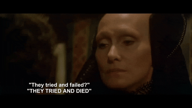 Animated GIF from David Lynch's "Dune" of Paul Atreides and the Reverend Mother talking. The quote is "They tried and failed? They tried and died."
