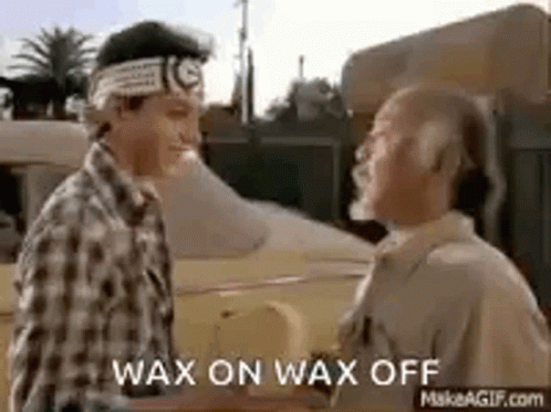 Animated GIF from The Karate Kid of Mr. Miyagi saying “Wax on, wax off.”