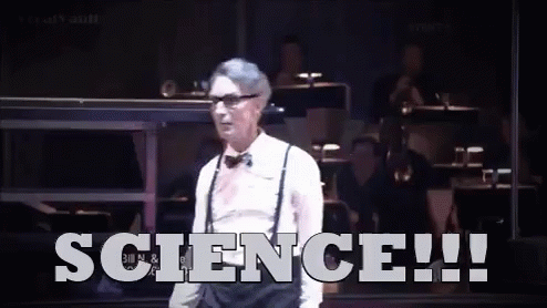 Animated GIF of Bill Nye throwing his hands up and yelling “SCIENCE” with a lightning flash effect