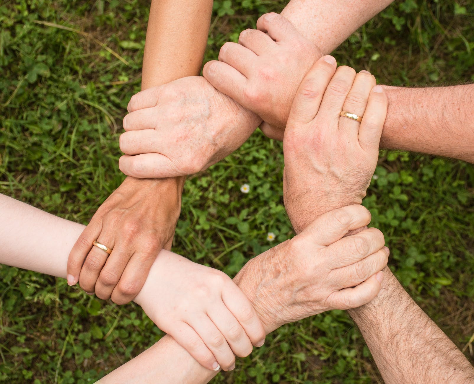 Five peoples hand grabbing each others wrists in support
