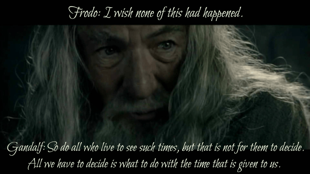 Close up of Gandalf from Lord of the Rings with the quotes "So do all who live to see such times, but that is not for them to decide. All we have to decide is what to do with the time that is given to us."