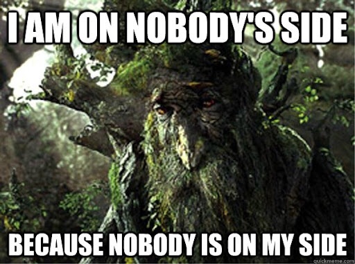 A frame of Treebeard the Ent from the movie “The Lord of the Rings: The Two Towers” with the caption “I am on nobody’s side, because nobody is on my side.”