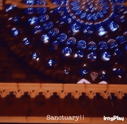 Animated GIF from Disney’ “The Hunchback of Notre Dame” showing Quasimodo defiantly lifting Esmeralda’s unconscious body while yelling “Sanctuary” at the city.